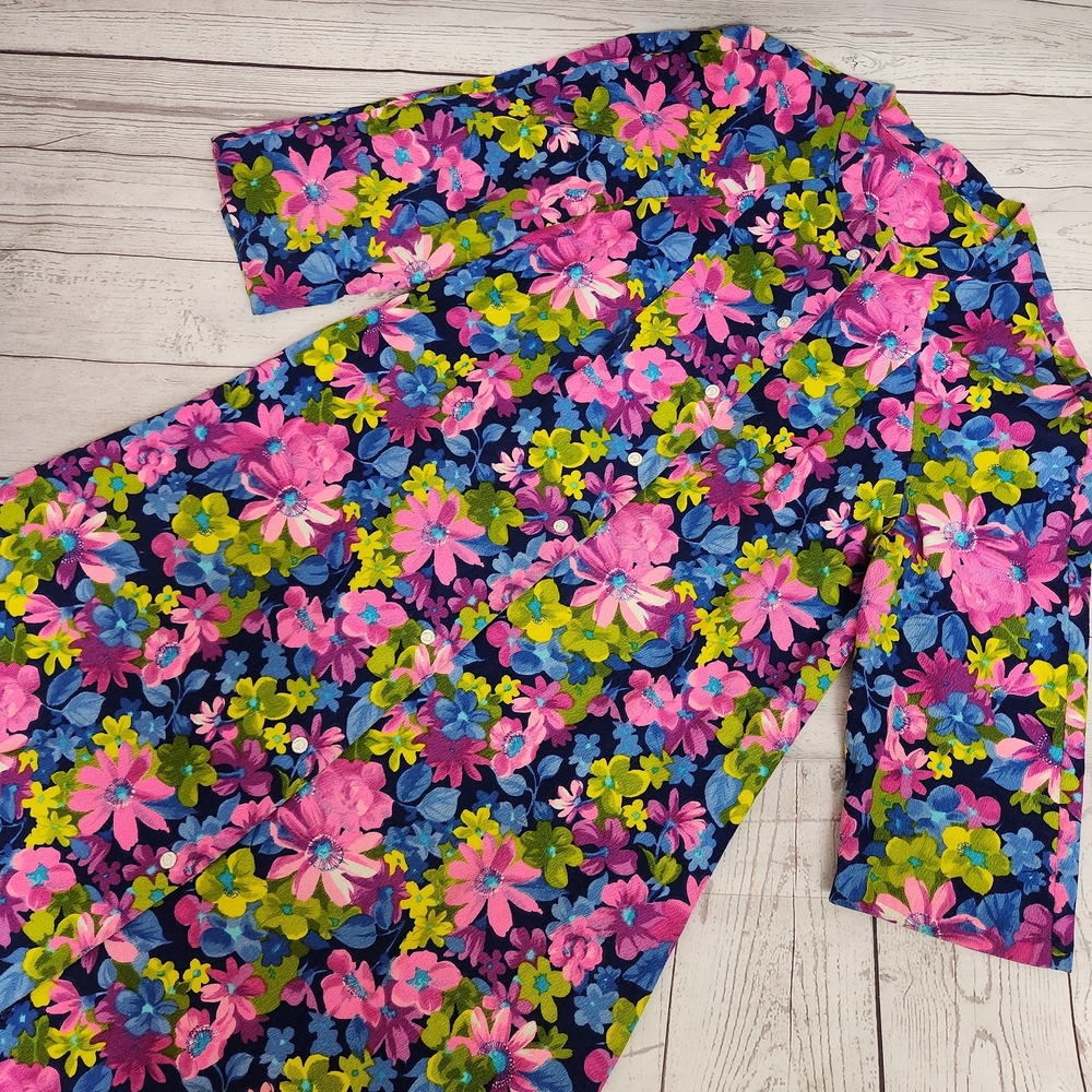 Floral Navy Midi Coatdress with Pink & Lime Blooms